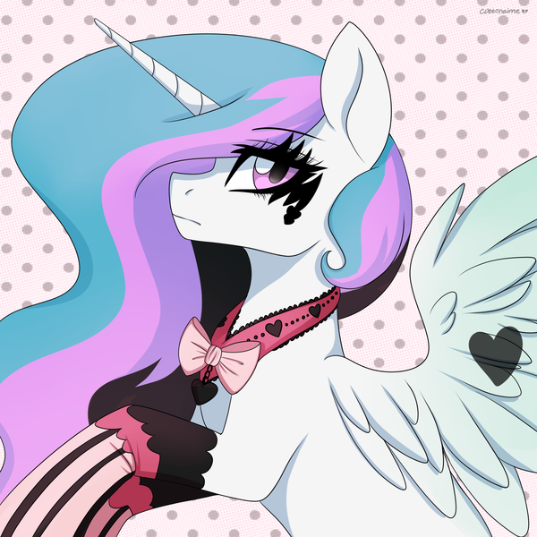 Size: 2200x2200 | Tagged: safe, alternate version, artist:chickenbrony, derpibooru import, princess celestia, alicorn, pony, bowtie, female, goth, image, looking at you, png, punklestia, solo, spread wings, wings