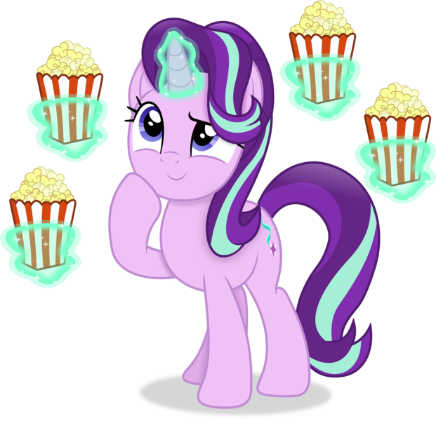 Size: 5832x5632 | Tagged: safe, artist:anime-equestria, derpibooru import, starlight glimmer, pony, unicorn, female, food, horn, image, levitation, magic, mare, png, popcorn, simple background, smiling, solo, telekinesis, transparent background, vector