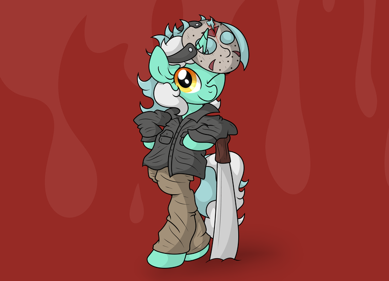 Size: 4902x3546 | Tagged: safe, artist:background basset, derpibooru import, lyra heartstrings, pony, unicorn, bipedal, clothes, cosplay, costume, female, friday the 13th, image, jason voorhees, looking at you, machete, mask, one eye closed, png, solo, wink, winking at you