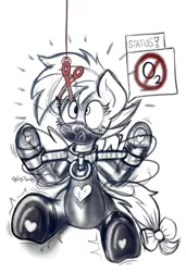 Size: 1170x1710 | Tagged: suggestive, artist:qlop, derpibooru import, oc, oc:paperclip, pegasus, pony, asphyxiation, bondage, breathplay, female, filly, gag, image, latex, latex suit, monochrome, panic, png, rebus, scissors, sketch, solo, yoke