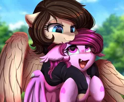 Size: 3215x2640 | Tagged: safe, artist:pridark, derpibooru import, oc, oc:asmudera, oc:staffie, unofficial characters only, bat pony, pegasus, pony, bat pony oc, bat wings, bust, commission, cute, duo, hug, image, looking at each other, ocbetes, open mouth, png, portrait, smiling, wings