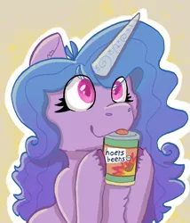 Size: 1027x1200 | Tagged: safe, artist:apatheticxaddict, derpibooru import, izzy moonbow, pony, unicorn, my little pony: a new generation, :p, beans, canned food, female, food, g5, image, mare, png, solo, that pony sure does love beans, tongue out, unshorn fetlocks