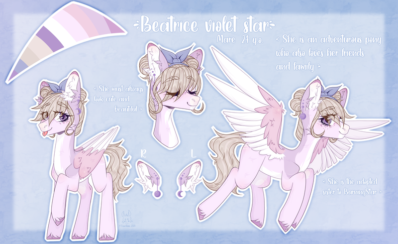 Size: 2931x1796 | Tagged: safe, artist:hoochuu, derpibooru import, oc, oc:beatrice violet star, unofficial characters only, pegasus, pony, bow, hair bow, image, pegasus oc, pegasus pony, png, reference sheet, wings