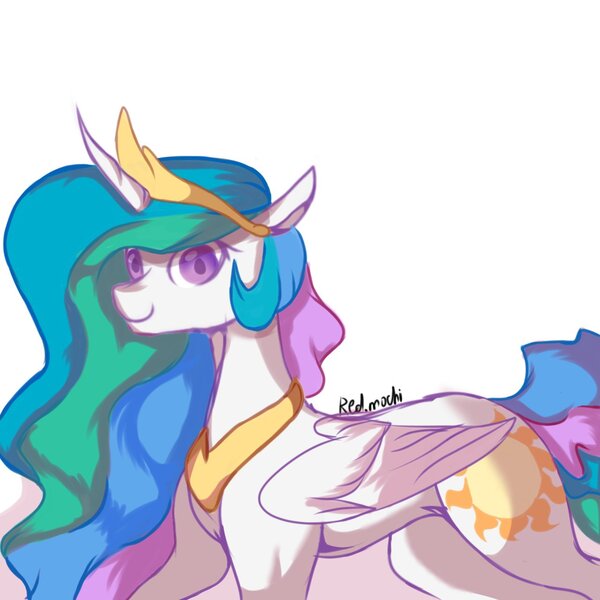 Size: 1280x1280 | Tagged: safe, artist:candy_5756, derpibooru import, princess celestia, alicorn, pony, colored pupils, female, image, jpeg, looking at you, mare, profile, signature, simple background, smiling, solo, white background