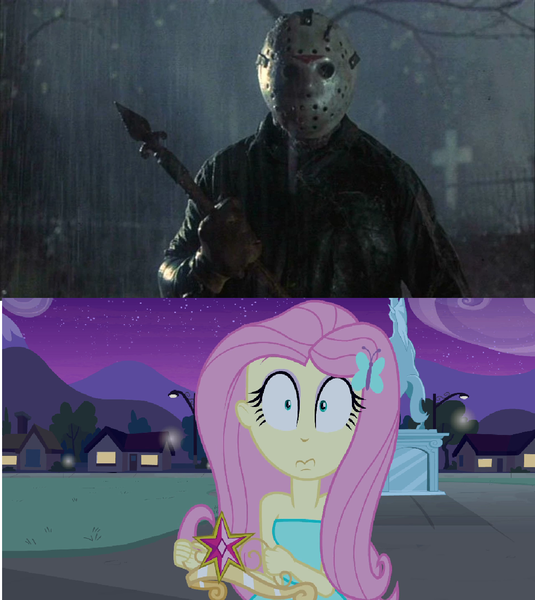 Size: 1280x1436 | Tagged: safe, derpibooru import, fluttershy, equestria girls, equestria girls (movie), friday the 13th, image, jason voorhees, meme, png