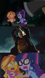 Size: 1116x1940 | Tagged: safe, derpibooru import, sci-twi, sunset shimmer, twilight sparkle, equestria girls, legend of everfree, friday the 13th, image, jason voorhees, meme, png, this will end in death