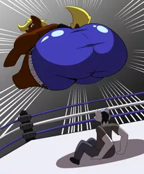 Size: 5000x6000 | Tagged: suggestive, artist:facade, derpibooru import, oc, oc:joey butterscotch, anthro, earth pony, butt, clothes, fat, image, imminent facesitting, large butt, png, sports, wrestling