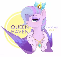 Size: 1630x1532 | Tagged: safe, artist:spoosha, derpibooru import, queen haven, pegasus, pony, abstract background, crown, female, g5, image, jewelry, jpeg, looking at you, mare, necklace, regalia, simple background, solo, text