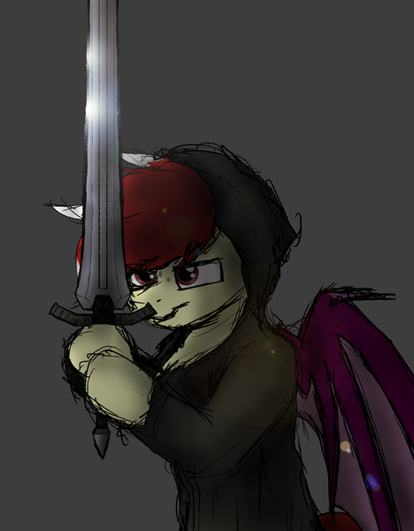 Size: 1561x2000 | Tagged: safe, artist:aaathebap, derpibooru import, oc, oc:aaaaaaaaaaa, bat pony, clothes, colored sketch, dark souls, hoodie, image, png, simple background, solo, sword, weapon