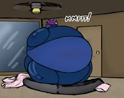 Size: 3000x2376 | Tagged: suggestive, artist:aaathebap, derpibooru import, oc, oc:aaaaaaaaaaa, bat pony, air mattress, belly, blueberry, blueberry inflation, ceiling fan, food, image, inflating, inflation, jpeg, round, solo, unwilling