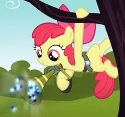 Size: 531x500 | Tagged: safe, derpibooru import, screencap, apple bloom, earth pony, pony, twittermite, bloom and gloom, cropped, hanging, image, pest pony, png, smiling, solo
