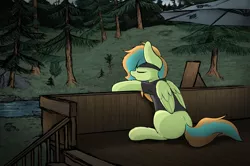 Size: 3000x1992 | Tagged: safe, artist:aaathebap, derpibooru import, oc, oc:kiwi, pegasus, fallout equestria, fanfic, detailed background, fallout, forest, image, jpeg, river, sleeping, solo, tree