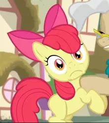 Size: 534x604 | Tagged: safe, derpibooru import, screencap, apple bloom, mayor mare, earth pony, pony, bloom and gloom, season 5, cropped, image, offscreen character, png, scared, solo focus
