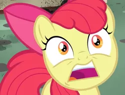 Size: 921x704 | Tagged: safe, derpibooru import, screencap, apple bloom, earth pony, pony, bloom and gloom, season 5, close-up, cropped, image, open mouth, png, scared, solo