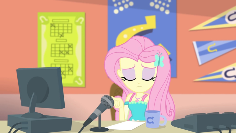 Size: 3410x1920 | Tagged: safe, derpibooru import, screencap, fluttershy, equestria girls, equestria girls series, fluttershy's butterflies, computer, eyes closed, female, fluttershy's butterflies: rainbow dash, geode of fauna, hairpin, image, jewelry, jpeg, magical geodes, microphone, mug, necklace, solo