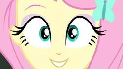 Size: 3410x1920 | Tagged: safe, derpibooru import, screencap, fluttershy, equestria girls, equestria girls series, fluttershy's butterflies, close-up, cute, female, fluttershy's butterflies: rainbow dash, hairpin, image, jpeg, shyabetes, smiling, solo