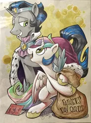 Size: 1920x2596 | Tagged: safe, artist:andypriceart, derpibooru import, king sombra, oc, oc:ian, alicorn, pony, unicorn, alicorn oc, commission, father and child, father and son, good king sombra, horn, image, jpeg, male, offspring, parent:king sombra, parent:princess celestia, stallion, wings