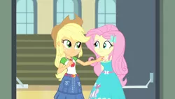 Size: 3410x1920 | Tagged: safe, derpibooru import, screencap, applejack, fluttershy, equestria girls, equestria girls series, fluttershy's butterflies, applejack's hat, belt, clothes, cowboy hat, cutie mark, cutie mark on clothes, denim skirt, female, fluttershy's butterflies: applejack, geode of fauna, geode of super strength, hairpin, hat, image, jewelry, jpeg, magical geodes, necklace, skirt, smiling
