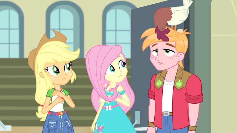 Size: 3410x1920 | Tagged: safe, derpibooru import, screencap, applejack, big macintosh, fluttershy, bird, chicken, equestria girls, equestria girls series, fluttershy's butterflies, applejack's hat, belt, clothes, cowboy hat, cutie mark, cutie mark on clothes, denim skirt, female, fluttershy's butterflies: applejack, geode of fauna, geode of super strength, hat, image, jewelry, jpeg, magical geodes, male, necklace, skirt