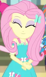 Size: 1920x3204 | Tagged: safe, derpibooru import, screencap, fluttershy, pinkie pie, rainbow dash, equestria girls, equestria girls series, fluttershy's butterflies, clothes, cropped, cute, cutie mark, cutie mark on clothes, female, fluttershy's butterflies: applejack, geode of fauna, hairpin, image, jewelry, jpeg, magical geodes, necklace, shyabetes, smiling, solo focus