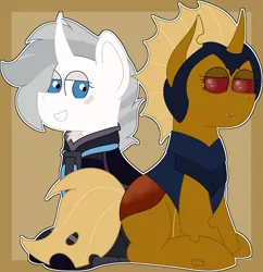 Size: 3906x4030 | Tagged: safe, derpibooru import, oc, oc:dawn strike, oc:mysterious stranger, changeling, unicorn, duo, image, png, yellow changeling