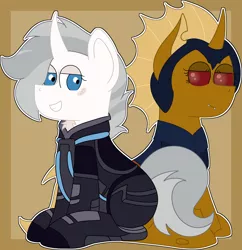Size: 3906x4030 | Tagged: safe, derpibooru import, oc, oc:dawn strike, oc:mysterious stranger, changeling, unicorn, armor, duo, image, png, yellow changeling