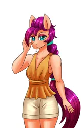 Size: 1200x1900 | Tagged: safe, artist:zachc, derpibooru import, sunny starscout, anthro, earth pony, g5, braid, clothes, female, image, looking at you, png, shorts, simple background, solo, white background