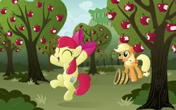 Size: 8000x5010 | Tagged: safe, artist:blackgryph0n, derpibooru import, apple bloom, applejack, earth pony, pony, apple, apple (company), cutie mark, female, filly, food, image, jumping, mare, orchard, png