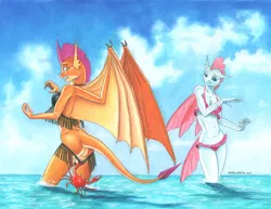 Size: 1400x1078 | Tagged: suggestive, artist:baron engel, derpibooru import, ocellus, smolder, anthro, changedling, changeling, crab, dragon, ass, assisted exposure, bikini, breasts, busty ocellus, busty smolder, butt, clothes, colored, dragoness, female, image, jpeg, lizard breasts, monochrome, pencil drawing, smolderriere, solo, swimsuit, traditional art