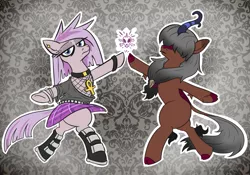 Size: 853x596 | Tagged: safe, artist:jargon scott, derpibooru import, oc, oc:kaumaha ekahi, oc:nada phase, unofficial characters only, earth pony, kirin, pony, abstract background, ankh, boots, clothes, duo, ear piercing, earring, female, fishnets, goth, hair over eyes, image, jewelry, kirin oc, lidded eyes, mare, piercing, png, shoes, skirt