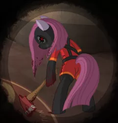 Size: 2168x2252 | Tagged: semi-grimdark, artist:legendoflink, derpibooru import, pinkie pie, pony, axe, blood, from behind, glowing eyes, image, pinkamena diane pie, png, pyro, team fortress 2, vignette, weapon