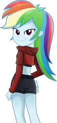 Size: 1000x2182 | Tagged: safe, artist:steyrrdash, derpibooru import, rainbow dash, human, equestria girls, anti-heroine, black bottomwear, blue skin, clothes, crop top hoodie, female, gym shorts, image, kneepits, looking at you, looking back, looking back at you, metahuman, multicolored hair, pink eyes, png, rainbow hair, rear view, red topwear, shiny hair, simple background, smiling, smiling at you, smug, solo, solo female, standing, teenager, tomboy, transparent background, vector