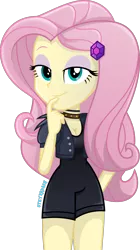 Size: 1000x1789 | Tagged: safe, artist:steyrrdash, derpibooru import, fluttershy, equestria girls, breasts, cleavage, clothes, female, image, looking at you, png, simple background, smiling, solo, transparent background, vector