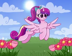 Size: 6352x4900 | Tagged: safe, artist:kittyrosie, derpibooru import, princess cadance, alicorn, pony, absurd resolution, alternate hairstyle, blushing, bow, chest fluff, cloud, cute, cutedance, female, flower, flying, grass, hair bow, image, mare, png, redraw, sky, solo, teen princess cadance