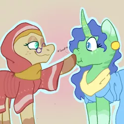 Size: 1100x1100 | Tagged: safe, artist:apatheticxaddict, derpibooru import, desert flower, nile faras, earth pony, pony, unicorn, alternate design, boop, clothes, ear piercing, female, glasses, headscarf, hijab, image, mare, piercing, png, scarf, simple background, somnambula resident