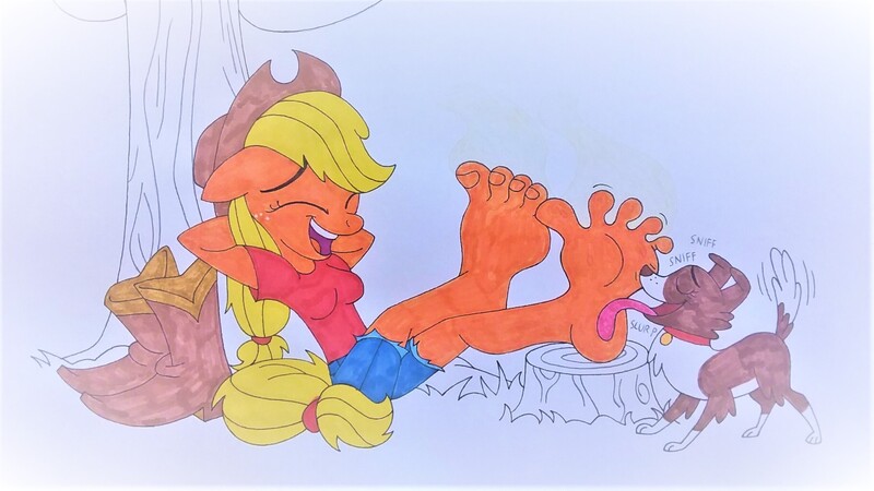 Size: 1827x1028 | Tagged: suggestive, artist:darienspeyer, derpibooru import, applejack, winona, anthro, dog, earth pony, pony, apple, apple tree, appleloosa, arm behind head, barefoot, blonde mane, blonde tail, blue bottomwear, boots, brown footwear, brown headwear, clothes, collar, cowboy boots, cowgirl, denim shorts, duo, duo female, eyes closed, feet, female, fetish, foot fetish, foot worship, freckles, image, jpeg, laughing, licking, licking foot, open mouth, orange fur, orchard, outdoors, red topwear, relaxing, shirt, shoes, shorts, sitting, sitting on grass, smelly feet, sniffing, soles, t-shirt, tickle fetish, tickling, toenails, toes, tomboy, tongue out, tree, tree stump, two toned fur, wiggling toes