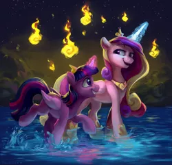 Size: 2910x2800 | Tagged: safe, artist:jewellier, artist:lummh, derpibooru import, princess cadance, twilight sparkle, twilight sparkle (alicorn), alicorn, pony, crown, cute, cutedance, duo, female, fire, glowing horn, grin, happy, hoof shoes, horn, image, jewelry, magic, mare, png, regalia, sisters-in-law, smiling, talking, twiabetes, walking, water