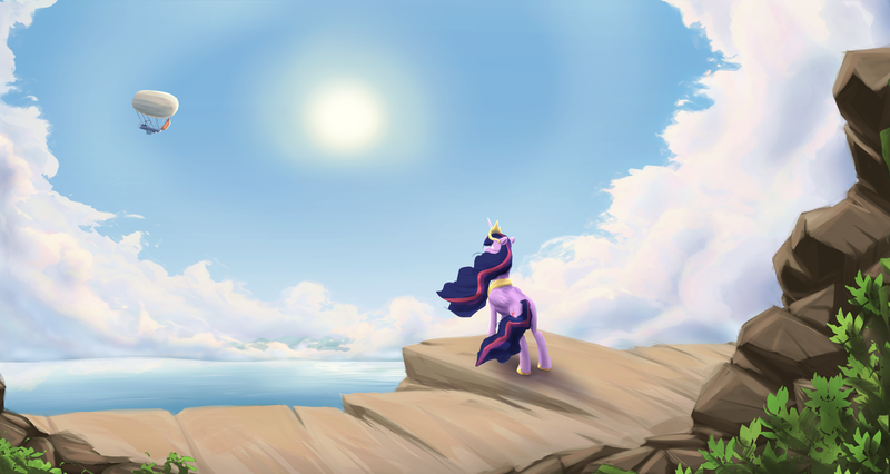 Size: 4299x2289 | Tagged: safe, artist:tofuslied-, derpibooru import, princess twilight 2.0, twilight sparkle, twilight sparkle (alicorn), alicorn, pony, the last problem, airship, balloon, blimp, clothes, crown, female, image, jewelry, older, older twilight, older twilight sparkle (alicorn), png, regalia, solo, uniform