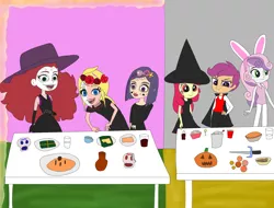 Size: 2098x1596 | Tagged: safe, artist:phineasmania, derpibooru import, apple bloom, scootaloo, sweetie belle, equestria girls, bunny ears, crossover, cutie mark crusaders, dia de los muertos, halloween, hat, holiday, image, jack-o-lantern, png, pumpkin, witch hat