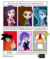 Size: 2880x3444 | Tagged: safe, alternate version, artist:phineasmania, derpibooru import, sonata dusk, human, six fanarts, equestria girls, bust, crossover, dragon ball, goku, image, kick buttowski suburban daredevil, male, png, smiling, waving, zatanna