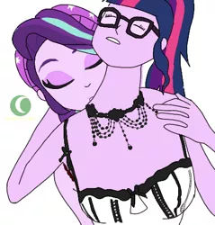 Size: 450x470 | Tagged: safe, artist:phineasmania, derpibooru import, starlight glimmer, twilight sparkle, equestria girls, beanie, bust, eyes closed, female, glasses, hat, image, lesbian, neck biting, png, shipping, simple background, twistarlight, white background