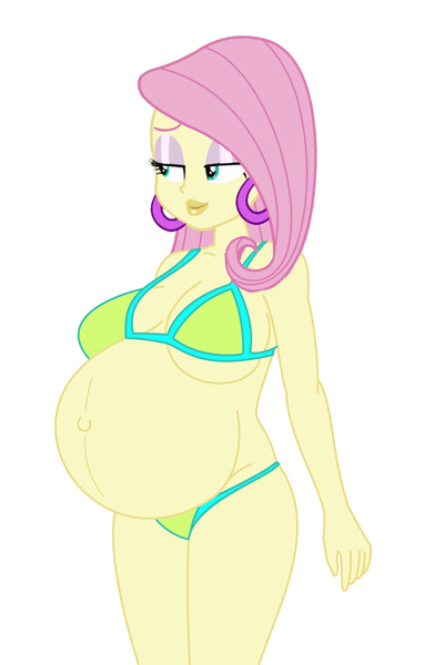 Size: 1836x2881 | Tagged: suggestive, alternate version, artist:0024387, derpibooru import, fluttershy, equestria girls, background removed, belly, belly button, big belly, big breasts, bikini, bimbo, bimboification, bimboshy, breasts, busty fluttershy, cleavage, clothes, image, jpeg, outie belly button, preggoshy, pregnant, solo, swimsuit