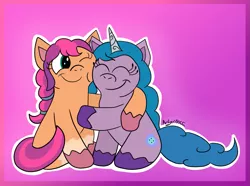 Size: 959x715 | Tagged: safe, artist:cartoonwishes, derpibooru import, izzy moonbow, sunny starscout, earth pony, pony, unicorn, duo, female, g5, gradient background, hug, image, mare, png, signature