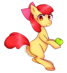 Size: 517x565 | Tagged: safe, artist:divskr, derpibooru import, apple bloom, earth pony, pony, apple, female, filly, food, image, looking at you, obligatory apple, png, solo