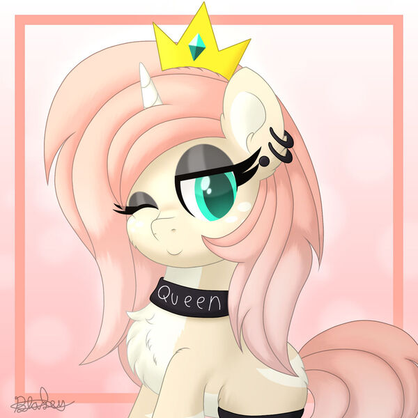 Size: 1280x1280 | Tagged: safe, artist:itsnovastarblaze, derpibooru import, oc, unofficial characters only, pony, unicorn, chest fluff, clothes, crown, ear piercing, earring, eyeshadow, female, fluffy, image, jewelry, jpeg, makeup, mare, one eye closed, piercing, regalia, sitting, socks, solo, wink