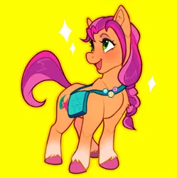 Size: 1523x1529 | Tagged: safe, artist:zymaani, derpibooru import, sunny starscout, earth pony, pony, badge, bag, blushing, braid, coat markings, cute, female, g5, image, jpeg, looking back, mare, open mouth, simple background, socks (coat marking), solo, sparkles, sunnybetes, unshorn fetlocks, yellow background