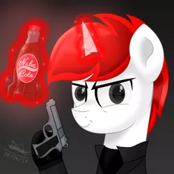 Size: 1280x1280 | Tagged: safe, artist:itsnovastarblaze, derpibooru import, oc, oc:atlas, unofficial characters only, pony, unicorn, clothes, drink, gun, handgun, image, jacket, jpeg, levitation, magic, magic aura, male, nuka cola, pistol, smiling, smirk, soda, solo, stallion, telekinesis, weapon