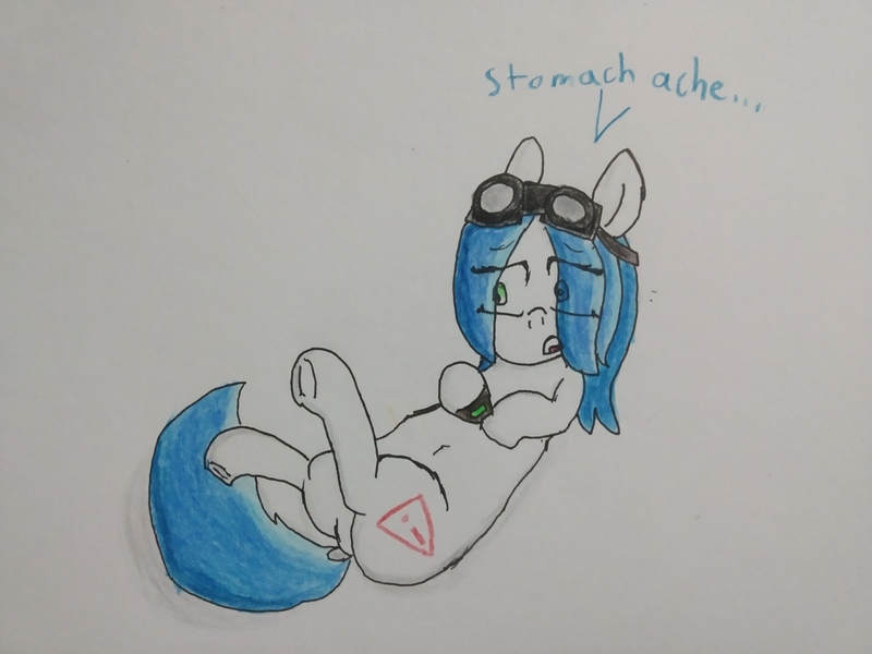 Size: 4000x3000 | Tagged: safe, artist:cherro, derpibooru import, oc, oc:mal, unofficial characters only, dock, goggles, image, jpeg, solo, stomach ache, traditional art