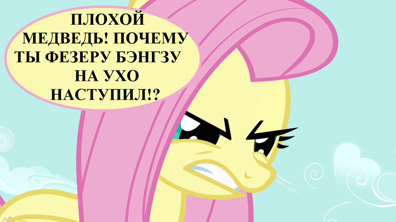 Size: 1280x720 | Tagged: safe, derpibooru import, edit, edited screencap, screencap, fluttershy, angry, cyrillic, image, implied bear, implied feather bangs, misspelling, png, russian, speech, speech bubble, talking, translated in the description