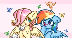 Size: 2240x1181 | Tagged: safe, artist:嗆殺莋業, derpibooru import, fluttershy, rainbow dash, butterfly, cat, insect, pegasus, pony, rabbit, animal, blushing, butterfly on nose, cute, hair over one eye, image, insect on nose, jpeg, open mouth, open smile, smiling
